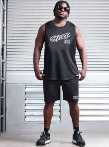 Manfinity Fitness 大码圆领字母印花夏季背心短裤套装健身运动套装 - 黑色 - 查看 3