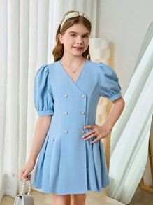 少女夏季優雅V領泡袖甜美簡約百褶拼接連衣裙 - 藍色 - 查看 5