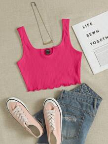 Muchica Notch Neck Lettuce Edge Rib-knit Tank Top - Hot Pink - View 1