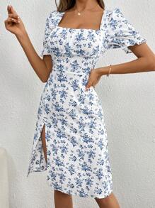 SHEIN Clasi 女士方領褶皺泡泡袖氣球裙擠腰高衩中長裙 - 藍色 - 查看 6