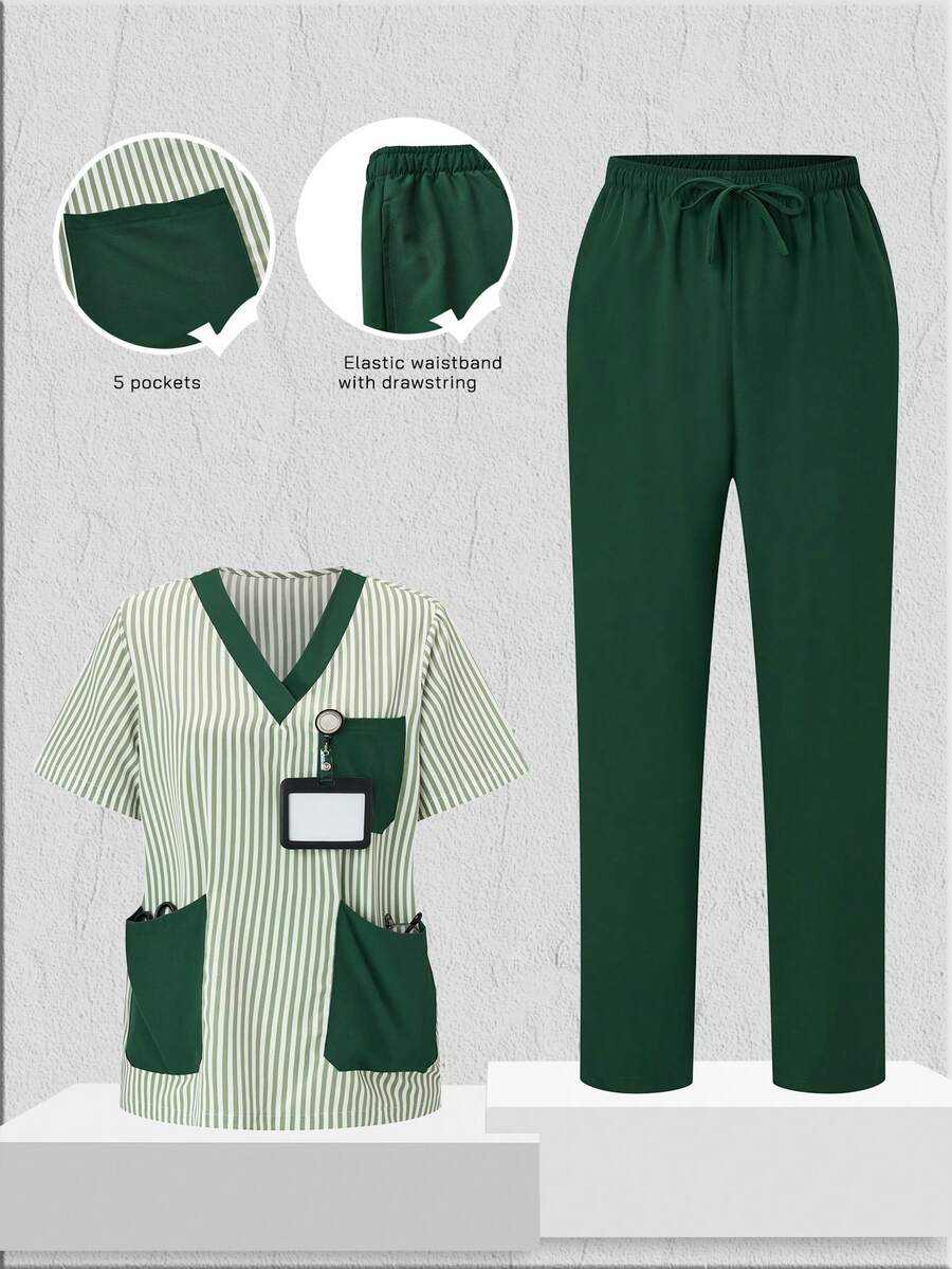 SHEIN TaskFit Women's Striped V-Neck Short Sleeve Top And Pants Casual Business Suit, Scrub Set - Green - View 1