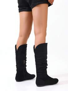 2025 年秋冬款黑色圆头平底休闲日常百搭高筒靴，侧拉链，褶皱设计，适合女士时尚 - 黑色 - 查看 6