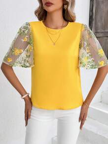 SHEIN Clasi Elegant Ladies' Yellow Embroidered Patchwork Ruffle Sleeve Blouse