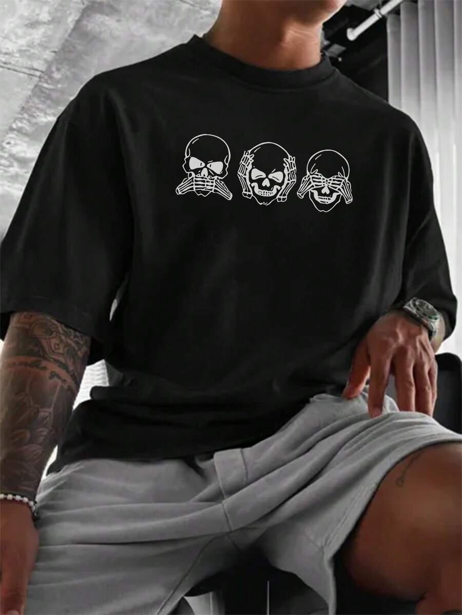 Men's Skull Print Black Short Sleeve T Shirt For Summer, For Halloween - Black - View 1