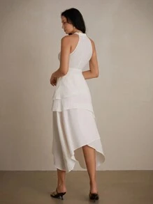 Aveloria Modichic Plain Minimalist Chinese Style 3D Textured Fabric Mandarin Collar Sleeveless Asymmetrical Layered Ruffle Hem Long Dress - Beige - View 2