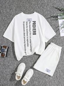 SHEIN Bộ áo thun và quần short dệt kim màu trắng cho cô gái tuổi teen, trang phục thường ngày đơn giản với miếng dán nhãn dệt phía sau, 2 chiếc - trắng - Xem 7