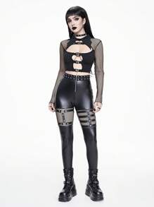 ROMWE Goth Punk Fishnet Patchwork Rivet Embellished Skinny Leather Pants - Black - View 2