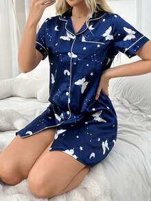 Camisón de mujer de pijama de estilo de seda con estampado y ribete de bloques de color - Azul - Ver 6