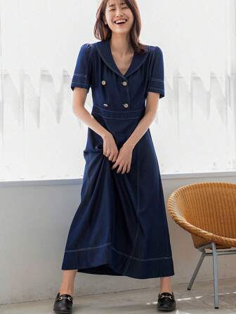 FRIFUL Ladies Double Breasted Solid Color Casual Short Sleeve Dress For Summer Sundress