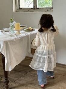 SHEIN Baby Girls' Knitted Tank Dress, Spring/Summer Korean Style Spaghetti Strap Dress, Suitable For Layering With Jeans - White - View 2