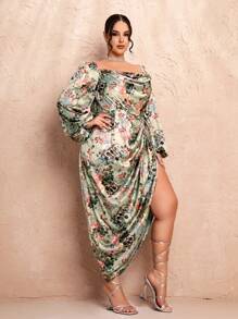 SHEIN BAE Vestido suelto de satén con escote cuadrado, mangas abullonadas, manga larga y abertura lateral en la pierna con patrón floral, talla grande