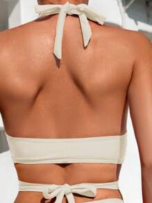 Women's Solid Color Crossover Halter Halter Sexy Bikini Set For Summer Beach - Beige - View 5