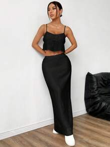 Muchica Women's Summer Fashionable Black Ruched Short Suspender Skirt And Long Camisole Romantic Holiday Set