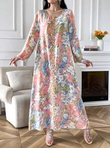 Yasmyna Robe longue modeste arabe élégante à manches longues avec imprimé floral et appliqué, décolleté en V pour femme, pour l'été