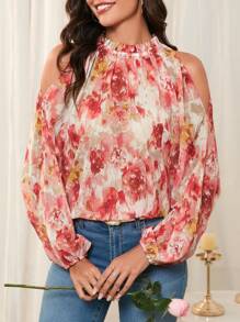 SHEIN Clasi Blusa elegante de estilo de los años 70 con hombros descubiertos y mangas farol con estampado floral para mujeres, otoño de vuelta al colegio para maestras, ropa de primavera/verano con estilo vintage