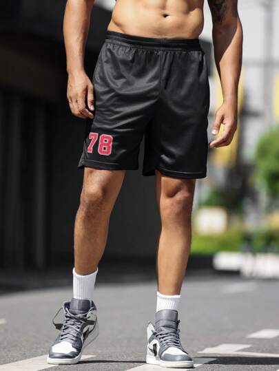 Manfinity Sport Corelite 男友风男士印花休闲美式运动短裤，夏季慢跑短裤运动裤黑色短裤