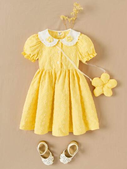 Souflis 少女撞色彼得潘領 3d 花朵裝飾泡泡短袖連身裙