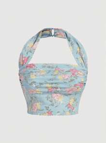 SHEIN MOD Conjunto de top de cuello halter y falda con línea A de talla grande con estampado floral vintage, verano