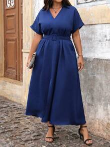 SHEIN Unity Plus Size Women's Fashion Solid Color Short Sleeve Shirt Dress - Blue - View 4
