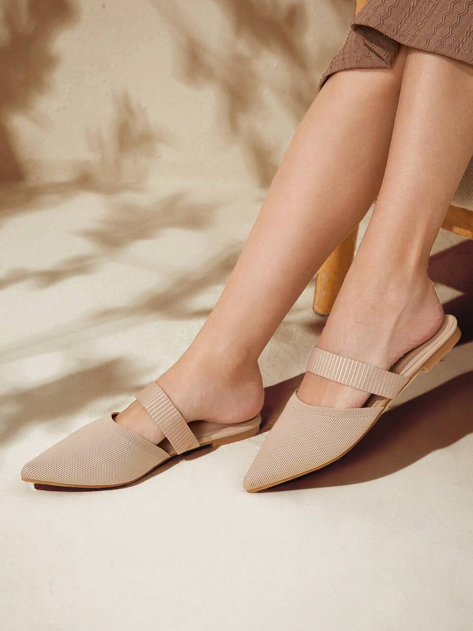 CUCCOO BASICS Woman Shoes Fashion Ribbed Point Toe Simple Beige Flat Mules For Spring And Summer Vacation Shoes Summer Back To School Shoes College Student Shoes Halloween Christmas Fall
