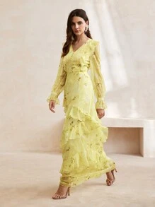 Anewsta Women's Summer Elegant Floral Print Flowy Dress With Ruffle Hem - Yellow - View 7