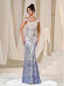 Faeriesty Đầm dạ hội trễ vai đính sequin ombre viền đuôi cá - Màu xanh lam - Xem 6