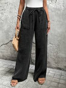 SHEIN LUNE Double-Layered Wrinkle Cloth Distressed Washed Women's Long Pants - Dark Grey - View 4