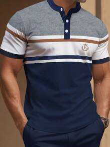Manfinity Homme Áo Polo Nam Sọc Ngắn Tay Thường Ngày Đi Làm Mùa Hè, Áo Sơ Mi Phối Nút Màu Cho Chồng - Nhiều màu - Xem 1