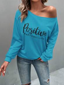 SHEIN LUNE Women's Simple Printed Daily Long Hoodie - Blue - View 4