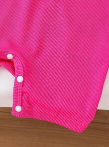 Infant Girls' Cool And Summer Outfit, 2pcs/Set Consisting Of Digital Print Short Knit T-Shirt And Simple Lightweight Pink Romper With Race Car Coconut Tree Sunset Theme - Hot Pink - View 6