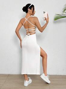 SHEIN PETITE 綁帶露背分腿背心晚禮服 - 白色 - 查看 1