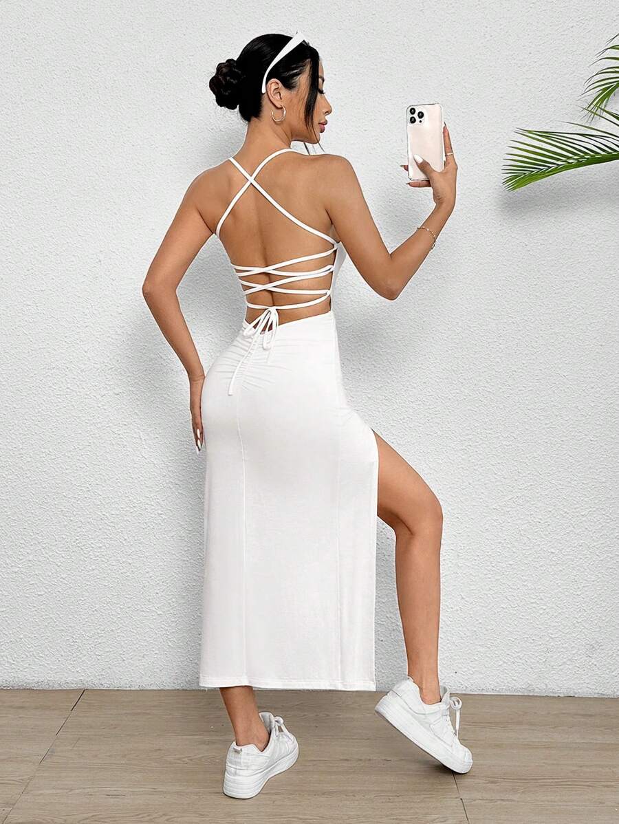 SHEIN PETITE 綁帶露背分腿背心晚禮服 - 白色 - 查看 1