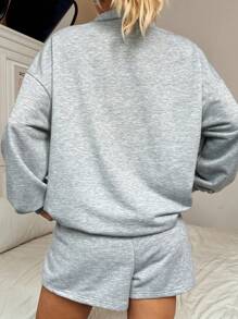 Veykashi Áo sweatshirt dáng rộng, cổ cao, khóa kéo nửa thân, in họa tiết hoa, cỡ lớn, thích hợp cho mùa thu/đông. - Xám - Xem 3