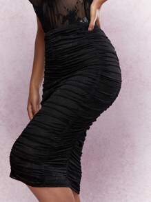 MISSGUIDED Ruched Sheer Lace Midi Skirt - Black - View 5