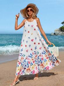 SHEIN VCAY Summer Women's Printed Spaghetti Strap Backless Long A-Line Pleated Vacation Floral Dress - Multicolor - View 4