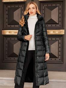 ZIAI High Quality Solid Color Hooded Slim Fit Long Down Jacket, Winter - Black - View 4
