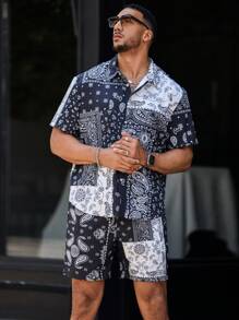 Manfinity LEGND Men's Single-Breasted Printed Short Sleeve Shirt And Shorts Set