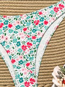 SHEIN Swim 女性迪茨花卉露肩打結性感比基尼套裝，適用於夏季海灘，隨機圖案 - 彩色 - 查看 4