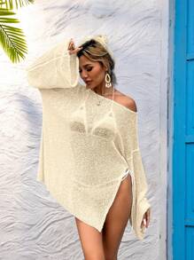 女士宽松休闲薄款雪纺沙滩罩衫连衣裙，适合夏季度假 - 杏色 - 查看 7