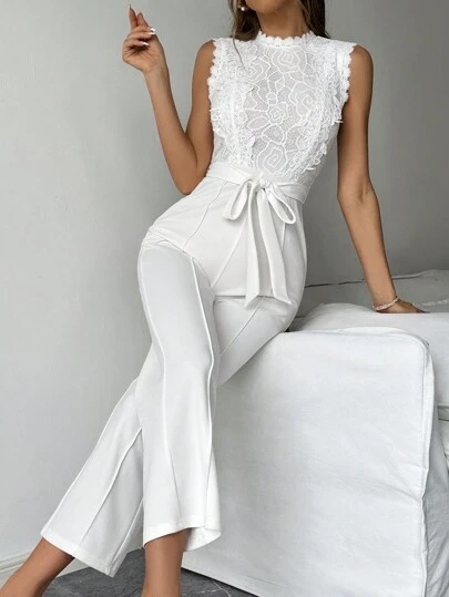 Firerie Women's Elegant Commuter White Lace Splicing Sleeveless High Waist Long Jumpsuit,White Long Jumpsuit,Women Rompers,Sleeveless Jumpsuit,Slim Fit Long Jumpsuit,Teacher Clothes,Teacher's Jumpsuit,Concert Women Outfit,Suitable For Daily, Party, Homecoming Season, Wedding Season, Performance Costumes