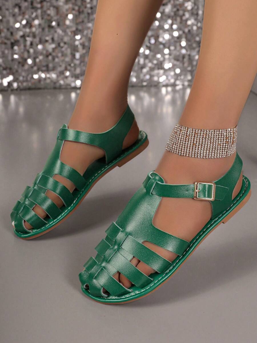 Sandalias planas romanas para mujer, pantuflas transpirables y de moda, atuendos de playa, atuendos de verano - Negro - Ver 1