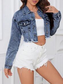 SHEIN ICON Short Denim Jacket With Washed And Distressed Effect - Dark Wash - View 4