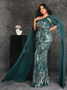 seomiscky Plus Size Sequined Puff Sleeve V-Neck Bodycon Women's Formal Evening Party Dress - Dark Green - View 8