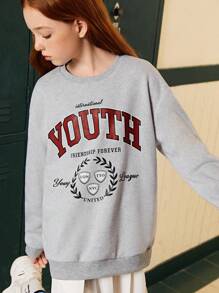 Girls' Fashionable Casual Vintage College Style Round Neck Sweatshirt, Vacation - Grey - View 4