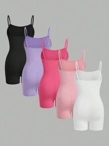 SHEIN Essnce Women's Summer Casual Solid Color Spaghetti Strap Skinny  Knitted Solid Color Cami Romper Set, 5pcs Airport Outfit Sport - Multicolor - View 2