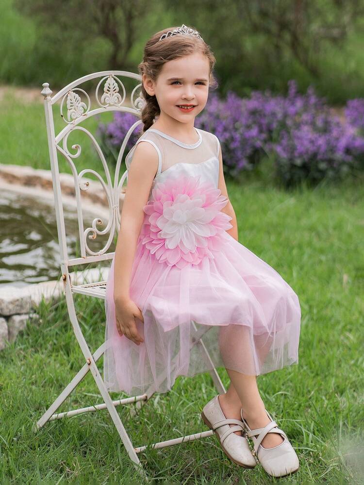 Young Girls' Flower Young Girl Party Dress, Glamorous, With 3D Floral Appliques And Tulle Dress