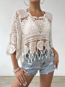 Swim Vcay Women's Solid Color Crochet Beach Cover-Up Top, Suitable For Summer,Summer Beach