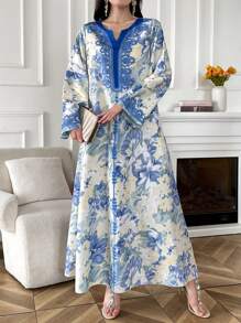 Al Najma Damen elegantes Kleid mit langem Glockenärmel und Blumenmuster, Frühling/Sommer, Kaftan