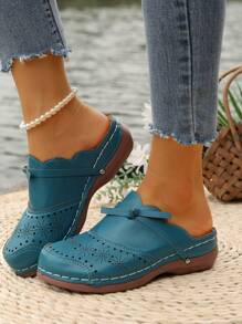 Women's Plus Size Bowknot Closed Toe Slippers, Brown, Wedge Heel And Platform Sandals
