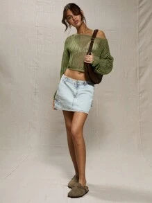 MUSERA Beach Vacation Stone Open Knit Asymmetrical Neck Jumper Spring Summer 90's Festival - Army Green - View 4
